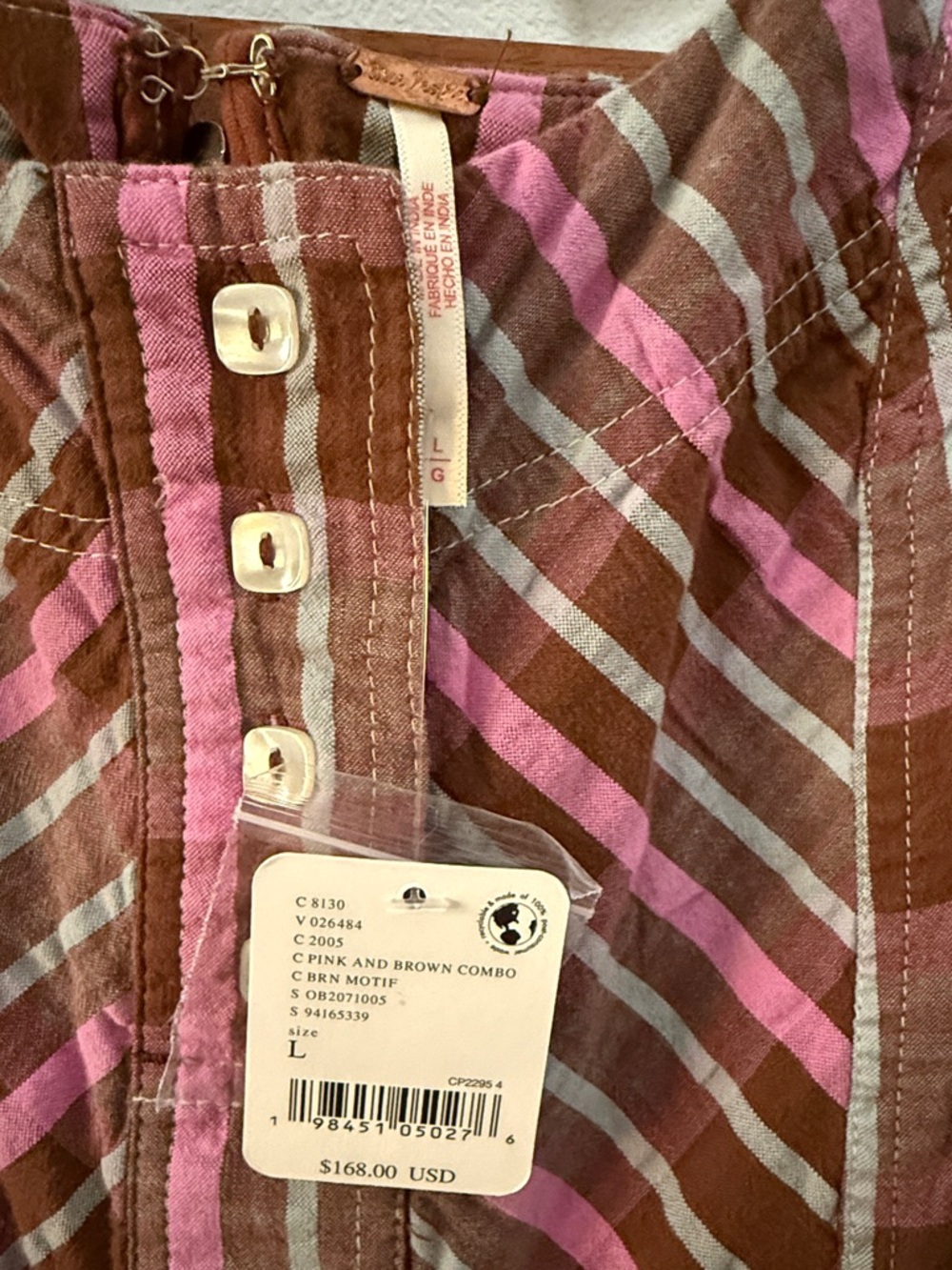 Free People Tulie Pink and Brown Plaid Midi Dress with Puff Sleeves Size LG NWT - Picture 2 of 9